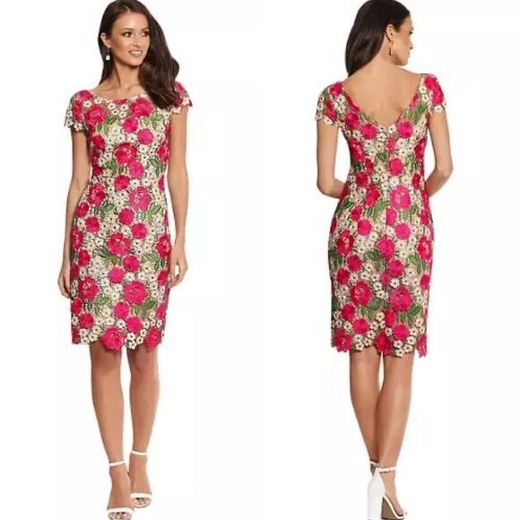 Xscape Women's Short Sleeve Floral Print Sheath Dress Pink Green Size 10 - Picture 1 of 11